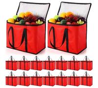 Kenning 15 Pcs Large Insulated Reusable Grocery Bags with Sturdy Zipper and Handles Foldable Washable Cooler Totes Heavy Duty Hot or Cold Food Delivery Bags for Food Transport Travel Lunch (Black Red)