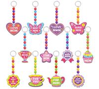 Kenning 24 Pcs Mother's Day Wooden Keychains Kit Colorful Wooden Keyring with Plastic Beads Best Mom I Love Mom Hanging Decorations for Mother's Day Gifts