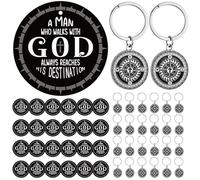 Kenning 24 Sets Man Of God Keychain With Compass Charm Card Christian Dad Gift Set Daddy Religious Church Baptism Present Bulk For Church Man Father's Day Party Favor Supply Blank