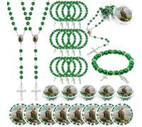 Kenning 24pcs Saint Jude Rosary & Bracelet Set Green Saint Jude Religious Rosary Bead Bracelet Catholic Baptism Gifts Baptism First Communion Memorial Gift for Guests, 20 inches