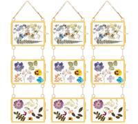 Kenning 3 Pcs Mini Brass Wall Hanging Picture Frame 3.5x2.5 Inch Triple Vertical Double Glass Floating Photo Frame Hanging Glass Pressed Flower Frames with Chain for Christmas Gallery Artwork DIY