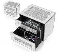 Kenning Wedding Silver Mirrored Jewelry Box 2 Layer Glass Box for Women | Wedding Crystal Jewelry Organizer Storage with Crushed Diamond Decor, Elegant Treasure Chest Storage Case for Women Girl Gift