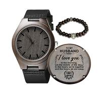 Kenon Customized Engraved Wooden Watches for Men,Natural Black Real Leather Wood Analog Watch Engraved Your Words for Husband Son Customized Wood Watch Birthday Anniversary