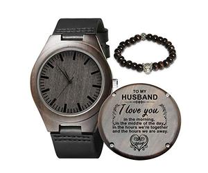 Kenon Customized Engraved Wooden Watches for Men,Natural Black Real Leather Wood Analog Watch Engraved Your Words for Husband Son Customized Wood Watch Birthday Anniversary