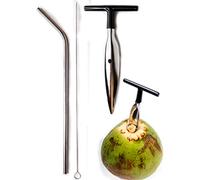 Ken's CocoMon Ken's CocoMon Coconut Opener Tool + Stainless Straw for Fresh Green Young Fruit Black Rubber Handle EZ Easy Grip Safe with Stainless Steel Drinking Straws (1 CocoMon + 1 Straw)