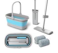 KENSHIRE Premium 400mm aluminum plate flat mops with collapsible bucket set and 2 reuseable microfiber mop pads hands free squeeze 134cm aluminum alloy handle wet dry dust mop
