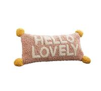 KENSINGTONS LUXURY BEDDING Pack of 2 Tufted “Hello Lovely” Cushions - Pink Decorative Pom Poms Rectangle Pillows for Sofa, Bed & Home Decor - Polyester Filled Embroidered Cushion - 30x50cm