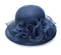 Kentucky Church Hats for Women, Wide Brim Foldable Organza Garden Party Hat, Adjustable Fascinators Bow-Flower, Dark Blue, M