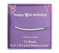 Kenwiv Birthday Gifts for 16th Girls Bracelet Silver Beads 16 Years Old Beads Bracelet on Cord Jewellery for Teen Girls With Cards Box and Gift bag