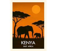 Kenya East Africa Safari Wall Art, Vintage Travel Poster, Elephant Silhouette at Sunset. Size A4