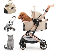 Kenyone 3-in-1 Pet Stroller for Small Medium Dogs Puppy Cat Stroller with Detachable Carrier & Pad Lightweight Foldable Aluminum Alloy Frame Dual No-Zip Entry(Khaki)