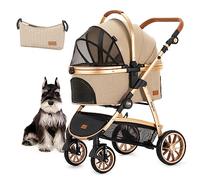 Kenyone Dog Stroller, Premium Pet Stroller for Small Medium Dogs Cats with Adjustable Handle, Storage Basket, Lightweight Foldable Travel Pet Carrier, Zipperless/Waterproof, Load Capacity 60lbs, Khaki