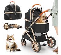 Kenyone Luxury Pet Stroller 3 in 1 with Electroplated Gold Mirror Finish for Medium Small Size Dogs and Cats, High-End Detachable Carrier for Puppy, Kitty, Doggie(C910L Black)