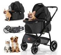 Kenyone Pet Stroller, 3 in 1 Multifunction Pet Travel System 4 Wheels Foldable Aluminum Alloy Frame Carriage for Small Medium Dogs & Cats (Black)