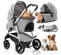Kenyone Pet Stroller, 3 in 1 Multifunction Pet Travel System 4 Wheels Foldable Aluminum Alloy Frame Carriage for Small Medium Dogs & Cats (Gray)