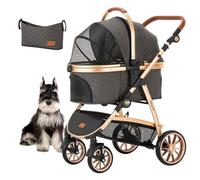 Kenyone Pet Stroller for Small Medium Dogs and Cats with Adjustable Handle, Storage Basket, Lightweight Foldable No Zipper, Load Capacity 60 lbs, Black