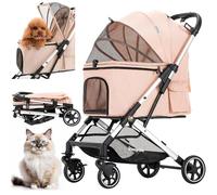 Kenyone Pet Stroller for Small to Medium Dogs Durable Cat Stroller with Lightweight Aluminum Frame, One-Click Folding, No Zip Entry, PU Wheels, Multiple Pockets(Pink)