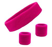 Kenz Laurenz Sweatband Set Cotton Sports Headband Terry Cloth Wristband Moisture Wicking Sweat Absorbing Athletic Exercise Basketball Wrist Sweatbands and Headbands (Pink) Fits Most