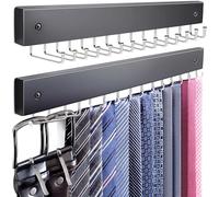 KEOAMG 2Pack Tie Rack Wall Mounted, Wooden Belt Hanger Tie Organizer for Closet with 28 Folding Hooks, Space Saving Tie Holder and Belt Rack for Closet Wall Mount, Black