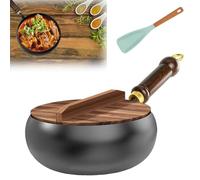Keoepro Artisan Unenameled Cast Iron Casserole, Uncoated Iron Pan with Wooden Lid, Hand Forged Non-Stick Irons Pans, Big Belly Pot Ironss Panss Stock Pot, for Simmering High-Heat (with Lid, 24cm)
