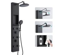 KEOKBON 120cm Shower Tower Panel 3-in-1 with Niche, Stainless Steel & Brass | 20cm Round Rainfall Shower Head, Shower Adjustable, 6 Body Jets, 5-Mode Handheld Shower, Wall Mounted, All Matte Black