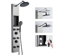 KEOKBON 120cm Tower Shower Panel with Niche and Height Adjustable 20cm Rainfall Shower, 6 Body Jets, Handheld Bathtub Spout, 3 in 1 Shower System Stainless Steel, Wall Mounted Brushed & Black