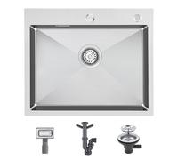 KEOKBON 304 Stainless Steel Kitchen Sink Handmade, 60 X 50 x 19cm, Drop in, Topmount Single Bowl Outdoor Campervan Sink with Drainer Fittings, 1 Bowl, Satin Brushed Silver
