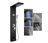 KEOKBON 5-in-1 LED Shower Tower Panel with Temperature Display, Black | Stainless Steel & Brass, Rainfall and Waterfall, 4 Body Jets, 3-Mode Handheld Shower, Bathtub spout, Batteries not included