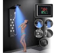 KEOKBON 5 in 1 Shower Tower Panel Black Hydro-Powered LED, Stainless Steel | Self-powered LED display, Temp & shower timer, 5 Modes, 6 Adjustable body jets, Hand shower, Tub spout, Brushed black finish