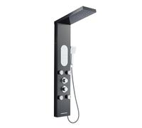 KEOKBON 5-in-1 Shower Tower Panel, Rainfall LED, Black Stainless Steel | 2 body jets, Handheld spray, Waterfall bath spout, Stainless Steel Panel, Brass Valve, Brushed Black, Batteries not included