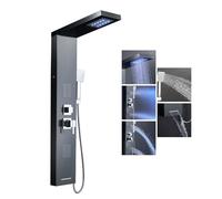 KEOKBON 5-in-1 Shower Tower Panel, Rainfall LED, Silver Stainless Steel | Overhead rainfall, 2 Body jets(2 Modes), Handheld spray, Waterfall bath spout, Brushed Black, Batteries not included