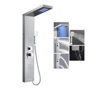 KEOKBON 5-in-1 Shower Tower Panel, Rainfall LED, Silver Stainless Steel | Overhead rainfall, 2 Body jets(2 Modes), Handheld spray, Waterfall bath spout, Brushed silver, Batteries not included