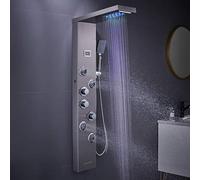 KEOKBON 6 in 1 LED Shower Tower Panel with Temperature Display, Silver | Rainfall & waterfall shower head, 3-Mode handheld spray, Tub spout, 4 Massage jets, Anti-limescale nozzles, Stainless Steel