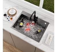 KEOKBON 65 x 50 cm Drop in Kitchen Sink, Nano Anthracite | 65x50x19cm, Large Kitchen Sink with Waste, P-trap, Drain Pipe and Overflow, Undermount & flushmount & Topmount