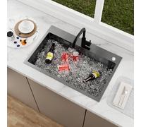 KEOKBON 70x45cm Extra Large Topmount Stainless Steel Kitchen Sink, Single Bowl Outdoor with Heavy-Gauge 304 Material Drainage Kit, 2 Tap Holes Soap Disp. Hole, Nano Anthracite