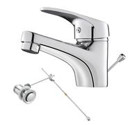 KEOKBON Basin Mixer Tap with Pop Up Waste, Bathroom Sink Tap with Pull Rod No Dirty Hands Low Spout Bathroom Faucet, Washbasin Tap with Drain Single Lever, Chrome
