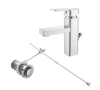 KEOKBON Brass Bathroom Tap with Pull Rod, No Dirty Hands Low Spout Bathroom Sink Faucet, Washbasin Mixer Tap, Square Design, Chrome