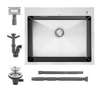 KEOKBON Kitchen Sink 60x50cm Insert Stainless Steel | 19cm Deep, Drop In, Large, PVD Coating, from 70cm Above Cabinet, overflow and Siphon P trap drain set, 1 Bowl, Nano Silver