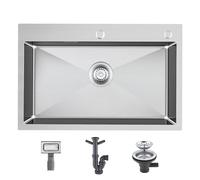 KEOKBON Kitchen Sink 70 * 45 * 19cm-Handmade 304 Stainless Steel Sink with Basket Strainer and Overflow for Flushmount and Topmount Installation, Single Bowl,Satin Brushed Silver