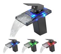 KEOKBON LED Lights Bathroom Tap Black, Colour Temperature Waterfall Basin Tap, Wash Basin Tap, Cold and Hot Water Available, Single-Lever Mixer Tap