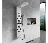 KEOKBON LED Shower Panel Tower with ℃ Display, Brushed & Matte Black | 6-in-1 Shower system, Rainfall & Waterfall, 8 Massage jet, Handheld shower, Bath spout, Blue LED, Temperature display