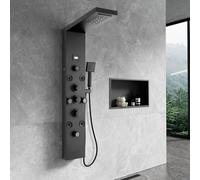 KEOKBON LED Shower Panel Tower with ℃ Display, Matte Black | 6-in-1, Temp Display, Waterfall & Rain Head, 8 Body Jets, Hand Shower, Bath Spout, Wall Mount, Blue LED