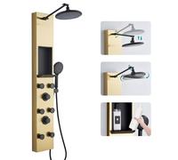 KEOKBON Shower Tower Panel with Niche Shelf and Height Adjustable 20cm Round Top Spray, 3 in 1 Shower Column Panels System with 6 Body Jets Hand Shower Tub Spout, Stainless Steel Brushed Gold & Black