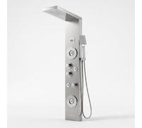 KEOKBON Shower Tower Panel with Temperature Display, Brushed | Stainless Steel & Brass, 6 Modes, LED Rain & Waterfall, Body Jets, Bathtub Filler, Shower Head, 4 AA Batteries, 1.5 bar min.
