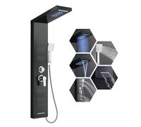 KEOKBON Stainless Steel Shower Tower Panel with LED Lights 5 Function (Rainfall Waterfall Shower Head, 4 Body Shower, Waterfall Bathtub Spout and Handheld) Shower Column System Black