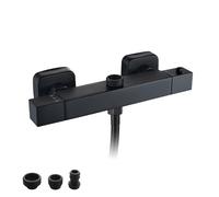KEOKBON Thermostatic Shower Mixer Two Outlet Square, Wall Mounted Dual Outlet Bath Shower Mixer Tap with 38℃ Safety Button, with Top 3/4", 1/2", Φ14mm + Bottom 1/2" Thermostatic Bath Tap, Brass Black