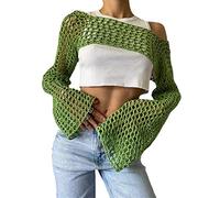 KEOMUD Women Mesh Crochet Crop Top Long Sleeve Hollow Out Cropped Knit Sweater Bikini Beach See Through Cover Ups, Green, S