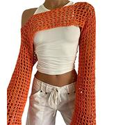 KEOMUD Women Mesh Crochet Crop Top Long Sleeve Hollow Out Cropped Knit Sweater Bikini Beach See Through Cover Ups, Orange, L