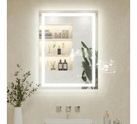 Keonjinn 60x80cm Bluetooth Bathroom Mirror with LED Lights, Antifog Vanity Mirror with Lights Back and Front Lit 3 Colour Dimmable Illuminated Wall Mounted Rectangle Digital Mirrors