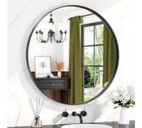 Keonjinn 90cm Black Round Bathroom Mirror Wall Mounted, Aluminium Metal Frame Wall Mirror HD Glass Vanity Mirror for Bedroom Living Room Entryway Home Decor
